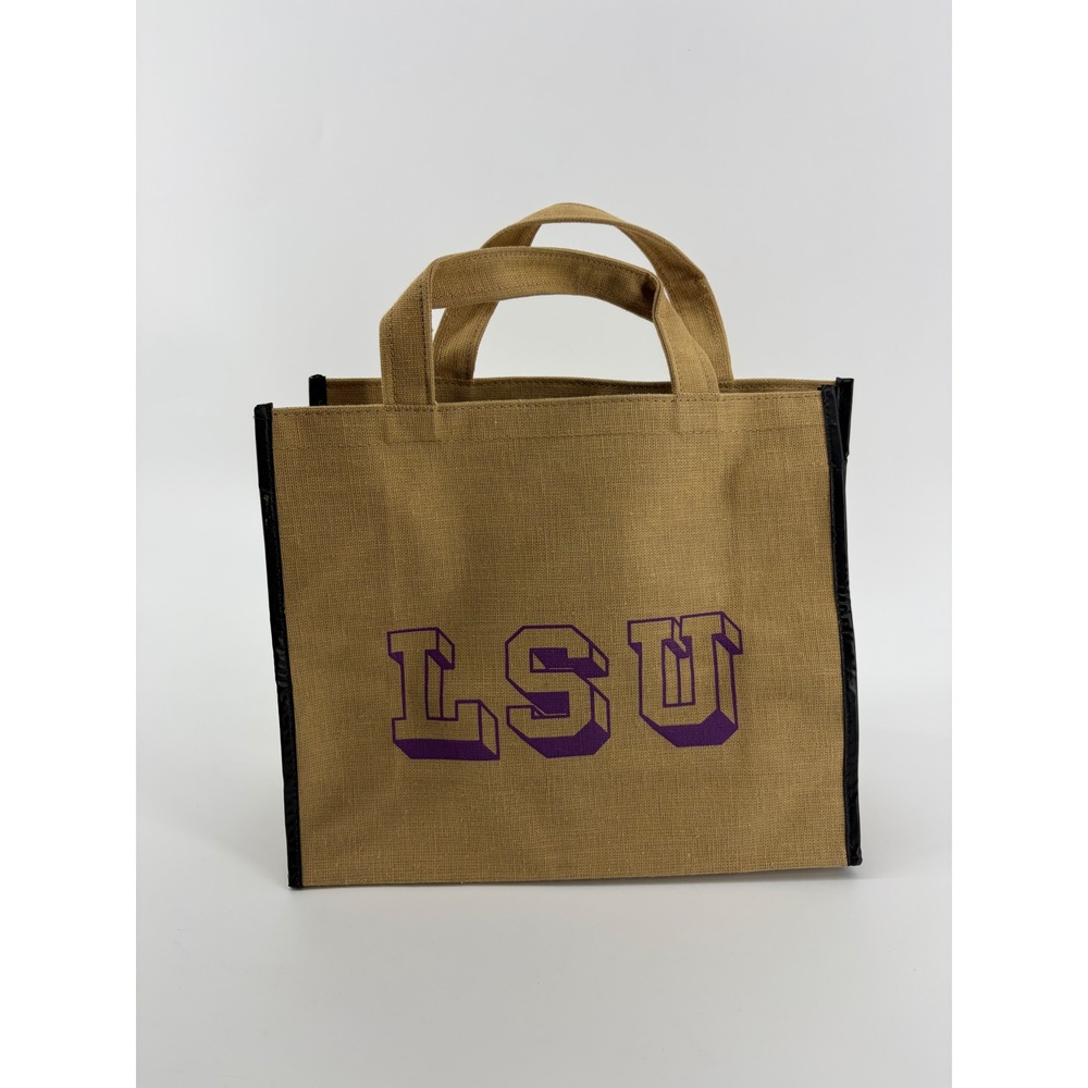 LSU Unisex Small Tan Purple Burlap Style Tote Bag Game Day Utility‎ Bag